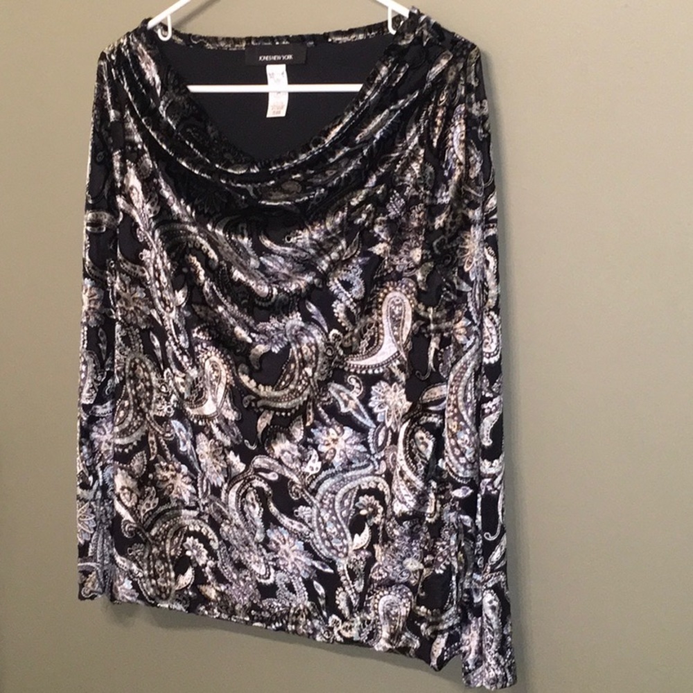 Jones New York top women’s size M shirt silky velour feel mesh inserts artsy